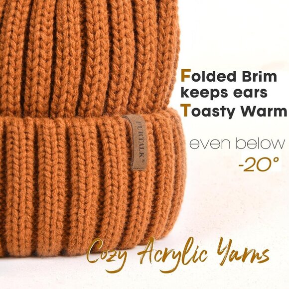 Women\'s Caramel Winter Warm Knitted Beanie Faux Fur Pom Skull Style Hat Cap main image 4